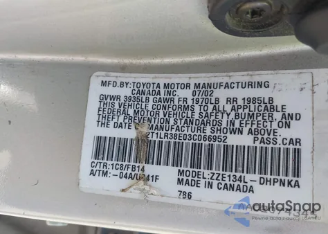 2003 Toyota Matrix Xr z USA, uszkodzony, nr VIN 2T1LR38E03C066952